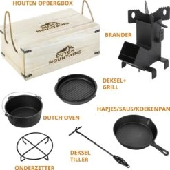 Dutch Mountains Gietijzeren Pannenset 7-delig - Dutch Oven – Braadpan - Grillpan - Hapjespan - Kookset In Houten Transportkist - Deksellifter - Brander -Merkloos Winkel 1200x1200 386