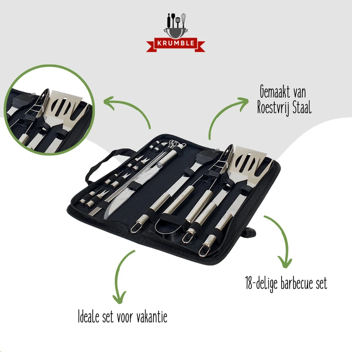 Krumble 18-delige Barbecue Set / Roestvrijstalen BBQ Set Van 18 / Inclusief Handige Opbergtas - RVS 7 Krumble 18-delige Barbecue Set / Roestvrijstalen BBQ Set Van 18 / Inclusief Handige Opbergtas - RVS - Afbeelding 5