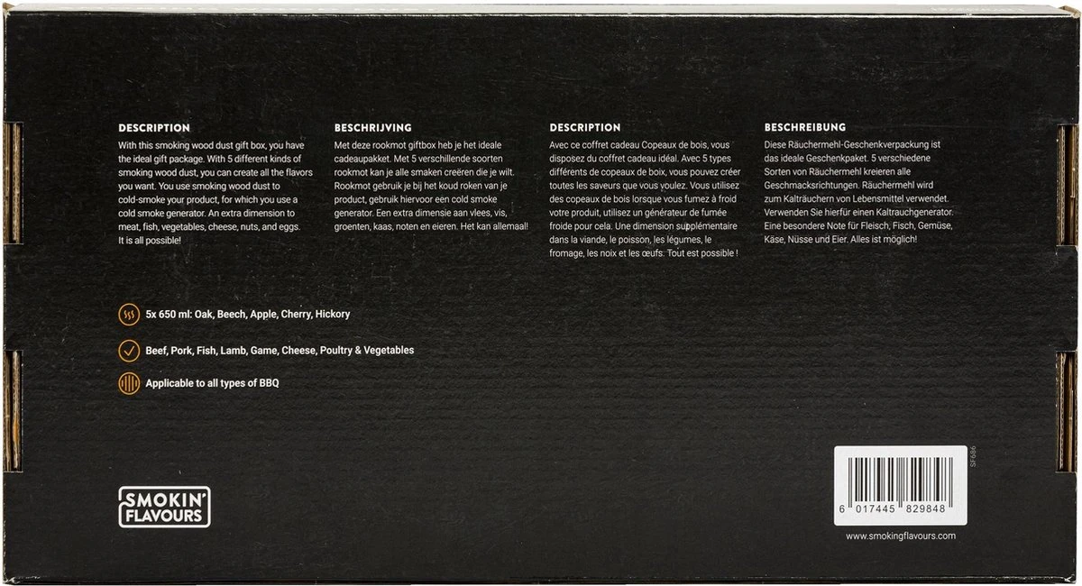 Smokin’ Flavours Giftbox Mot 5x 650ml - Rookmot 5x 650 Ml - Eik - Beuk - Hickory - Kers - Appel 4 Smokin’ Flavours Giftbox Mot 5x 650ml - Rookmot 5x 650 Ml - Eik - Beuk - Hickory - Kers - Appel - Afbeelding 2